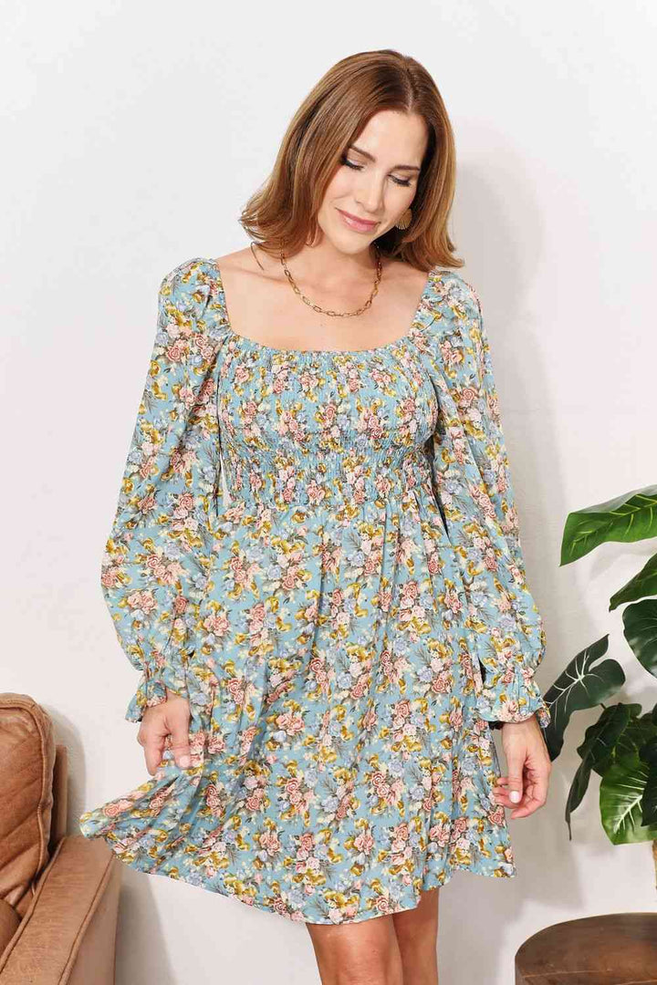 Double Take Floral Smocked Flounce Sleeve Square Neck Dress |1mrk.com