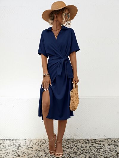 Tied Slit Short Sleeve Dress |1mrk.com