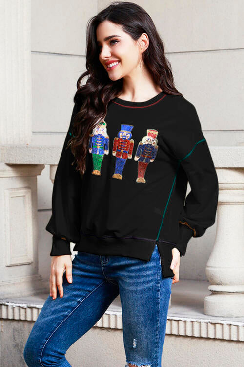 Sequin Nutcracker Round Neck Slit Sweatshirt |1mrk.com