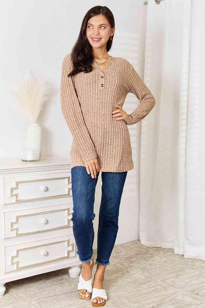 Double Take Notched Neck Ribbed Long Sleeve T-Shirt | 1mrk.com