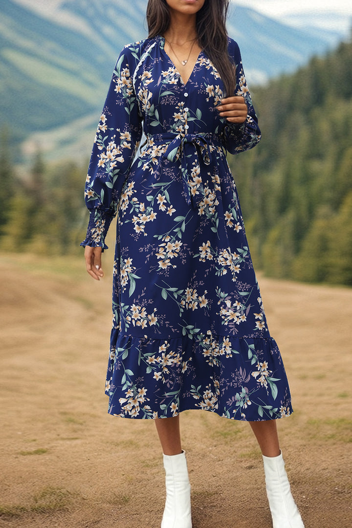 Printed Notched Lantern Sleeve Midi Dress | Trendsi