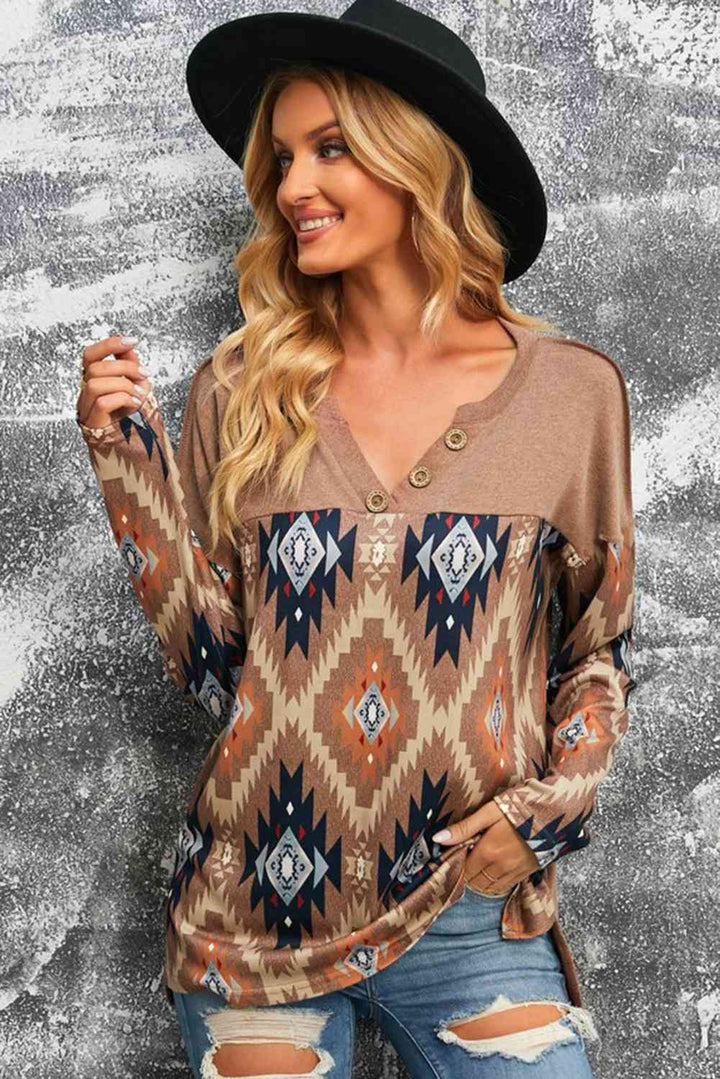 Brown Western Print Buttoned V Neck Top | 1mrk.com