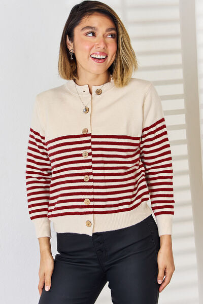 Striped Button Up Long Sleeve Cardigan | Trendsi
