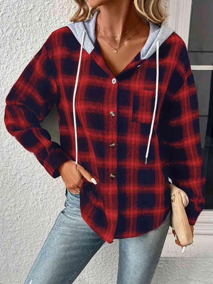 Plaid Drawstring Button Up Hooded Jacket |1mrk.com