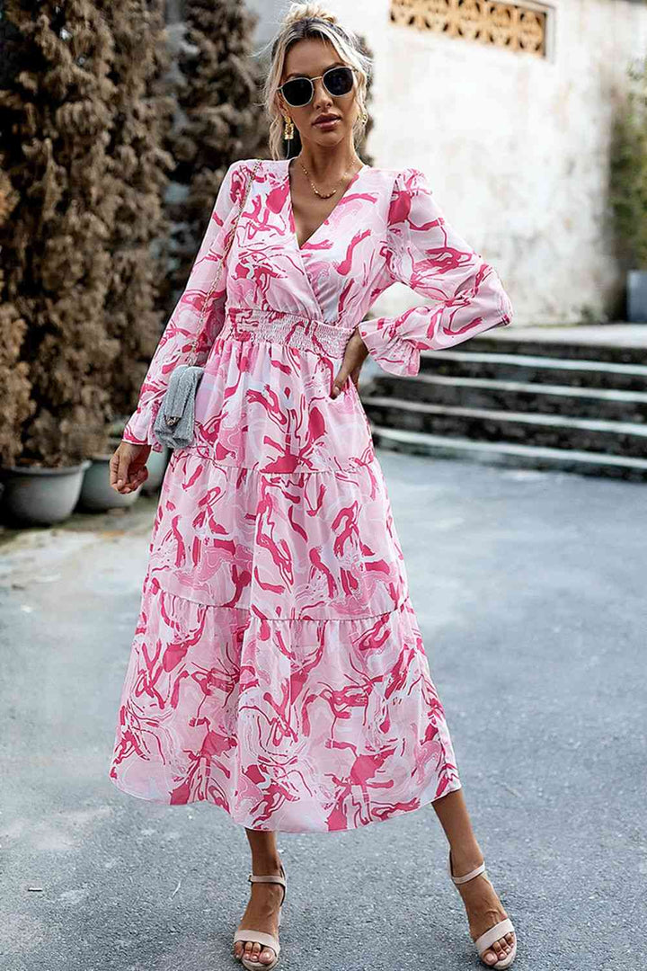 Printed Surplice Neck Flounce Sleeve Midi Dress |1mrk.com