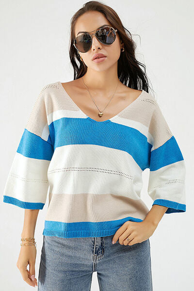 Color Block V-Neck Dropped Shoulder Sweater |1mrk.com