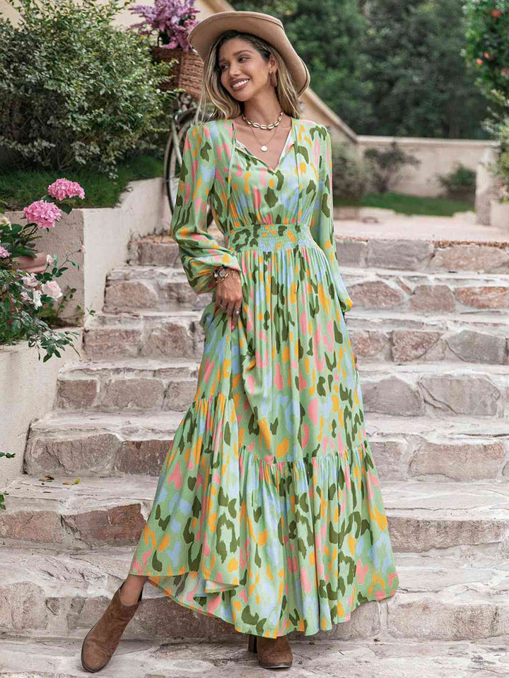 Printed Tie Neck Long Sleeve Maxi Dress |1mrk.com