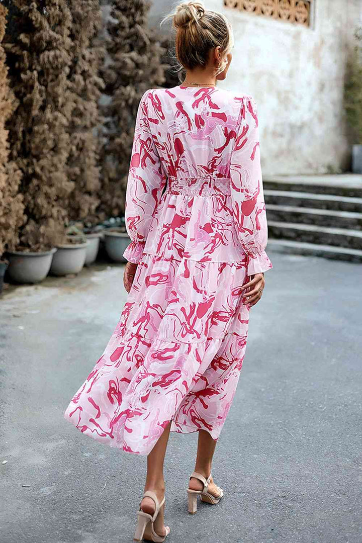 Printed Surplice Neck Flounce Sleeve Midi Dress |1mrk.com