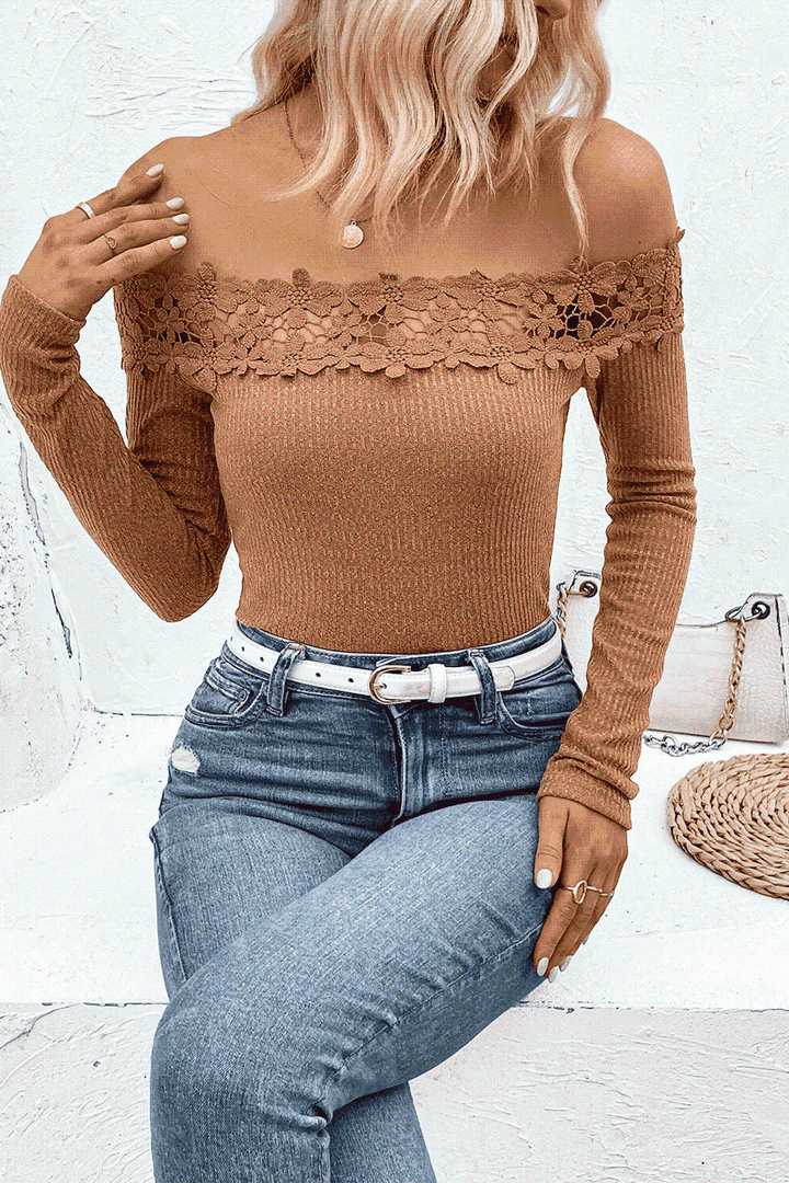 Off-Shoulder Lace Trim Ribbed Tee | 1mrk.com