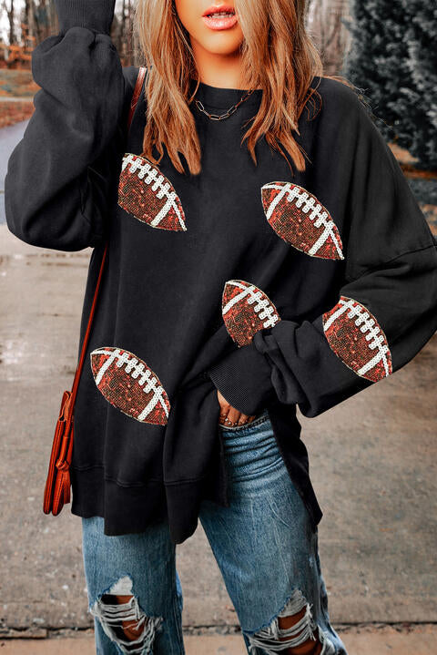 Sequin Football Patch Slit Sweatshirt |1mrk.com