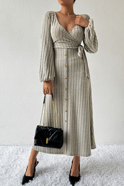 Surplice Tied Balloon Sleeve Midi Dress |1mrk.com