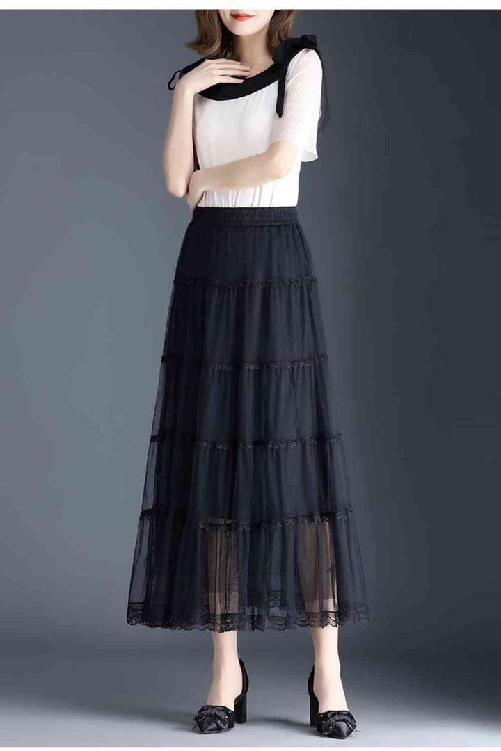 Smocked Lace Trim Midi Skirt |1mrk.com