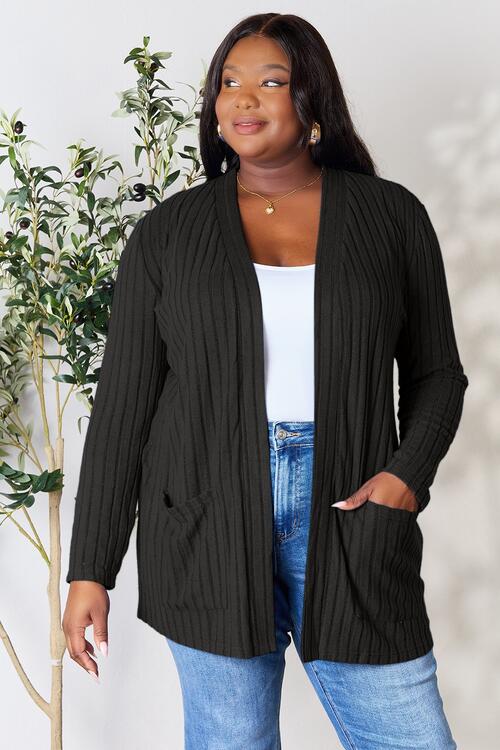 Basic Bae Full Size Ribbed Open Front Cardigan with Pockets | Trendsi