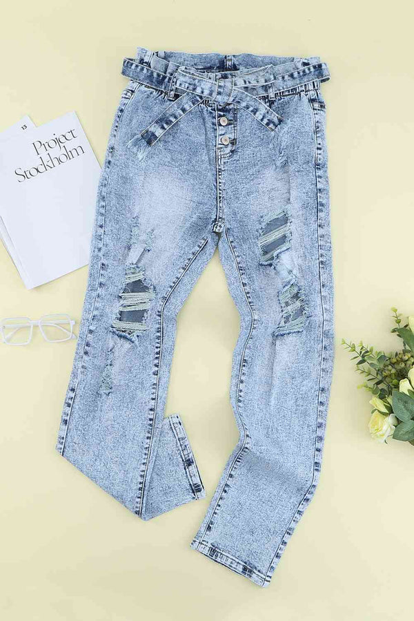 Acid Wash Belted Button Fly Distressed Jeans | 1mrk.com