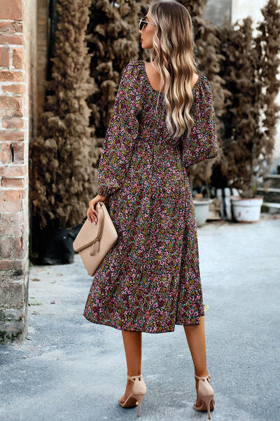 Printed Balloon Sleeve Pocketed Midi Dress |1mrk.com