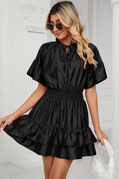 Smocked Tie Neck Flounce Sleeve Dress |1mrk.com