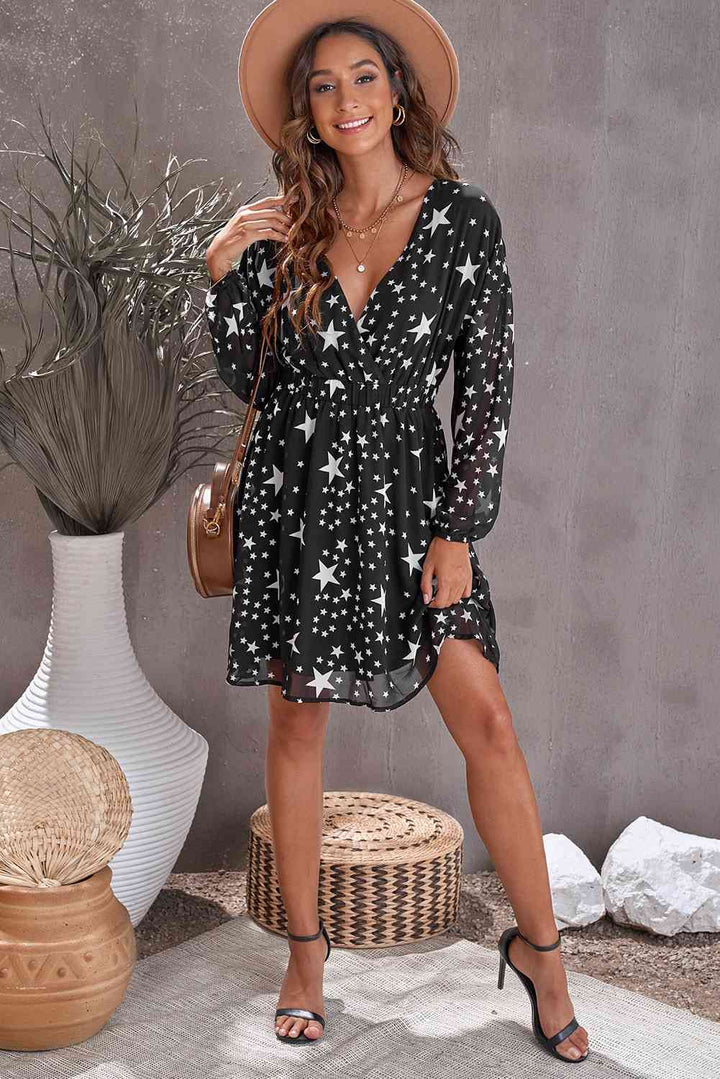 Star Print Dropped Shoulder Surplice Dress | 1mrk.com