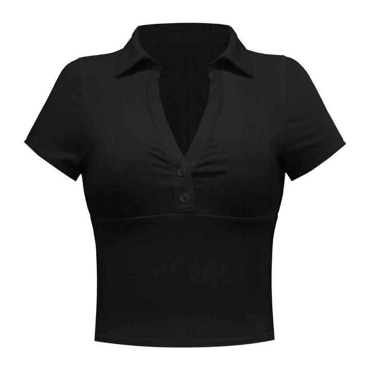 Buttoned Johnny Collar Short Sleeve Top | 1mrk.com