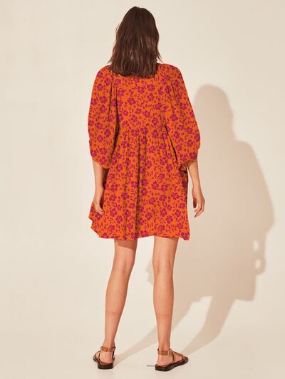 Floral Tie Neck Balloon Sleeve Dress |1mrk.com