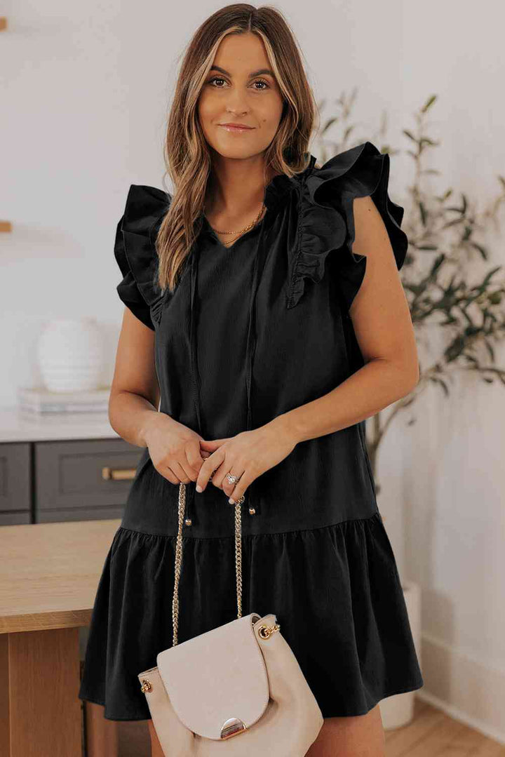 Ruffle Shoulder Tie-Neck Tiered Dress |1mrk.com