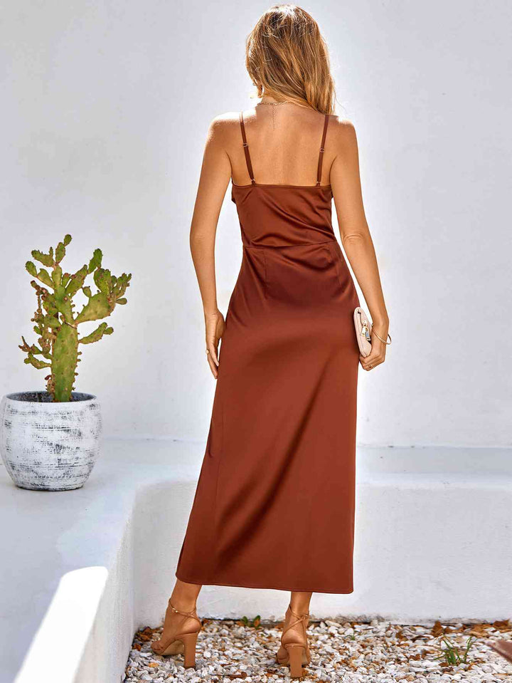 Pleated Detail Spaghetti Strap Slit Dress | 1mrk.com