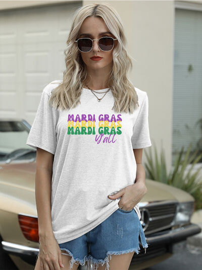 Full Size MARDI GRAS Y'ALL Round Neck T-Shirt | Trendsi