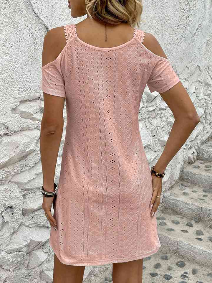 Eyelet V-Neck Cold-Shoulder Dress |1mrk.com