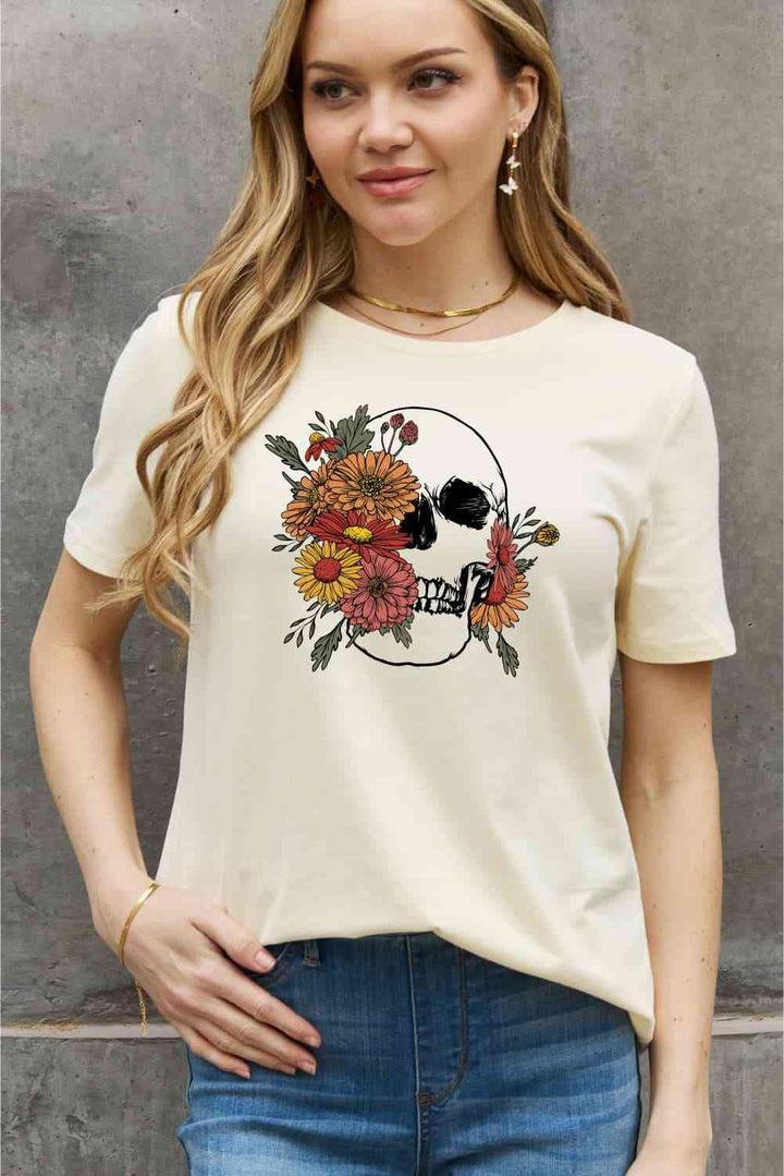 Simply Love Full Size Flower Skull Graphic Cotton Tee | 1mrk.com