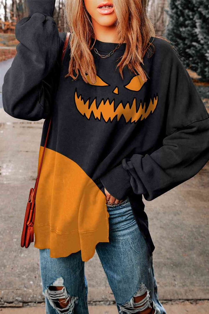 Round Neck Drop Shoulder Slit Graphic Sweatshirt |1mrk.com