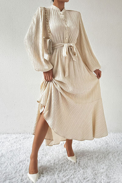 Tied Button Up Balloon Sleeve Dress |1mrk.com