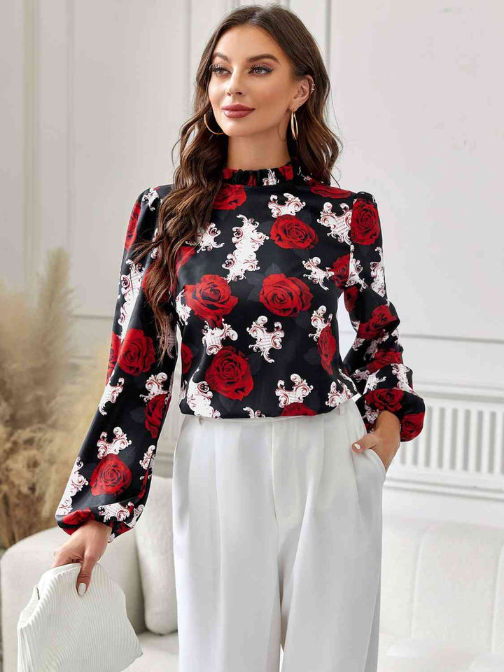 Floral Mock Neck Long Sleeve Blouse |1mrk.com