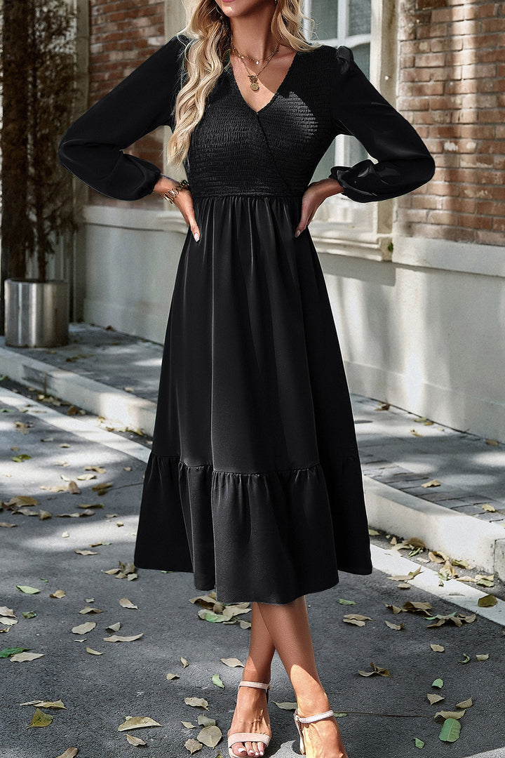 Smocked Surplice Long Sleeve Midi Dress | Trendsi