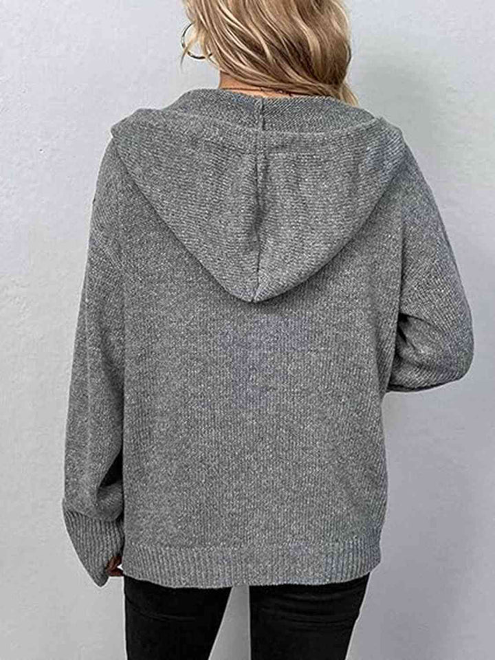 Button Up Drawstring Long Sleeve Hooded Cardigan |1mrk.com