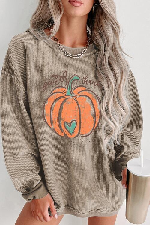 Pumpkin Graphic Round Neck Long Sleeve Sweatshirt |1mrk.com