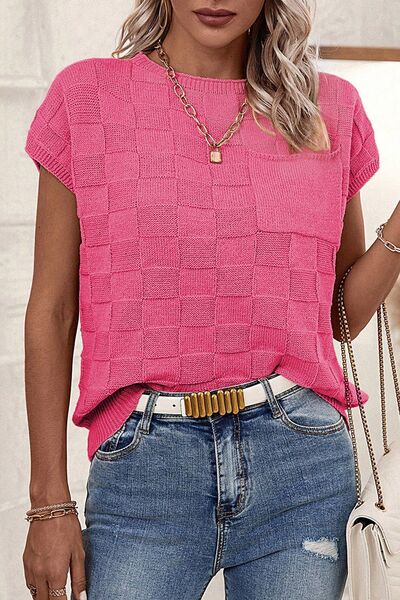 Pocketed Checkered Round Neck Knit Top | Trendsi