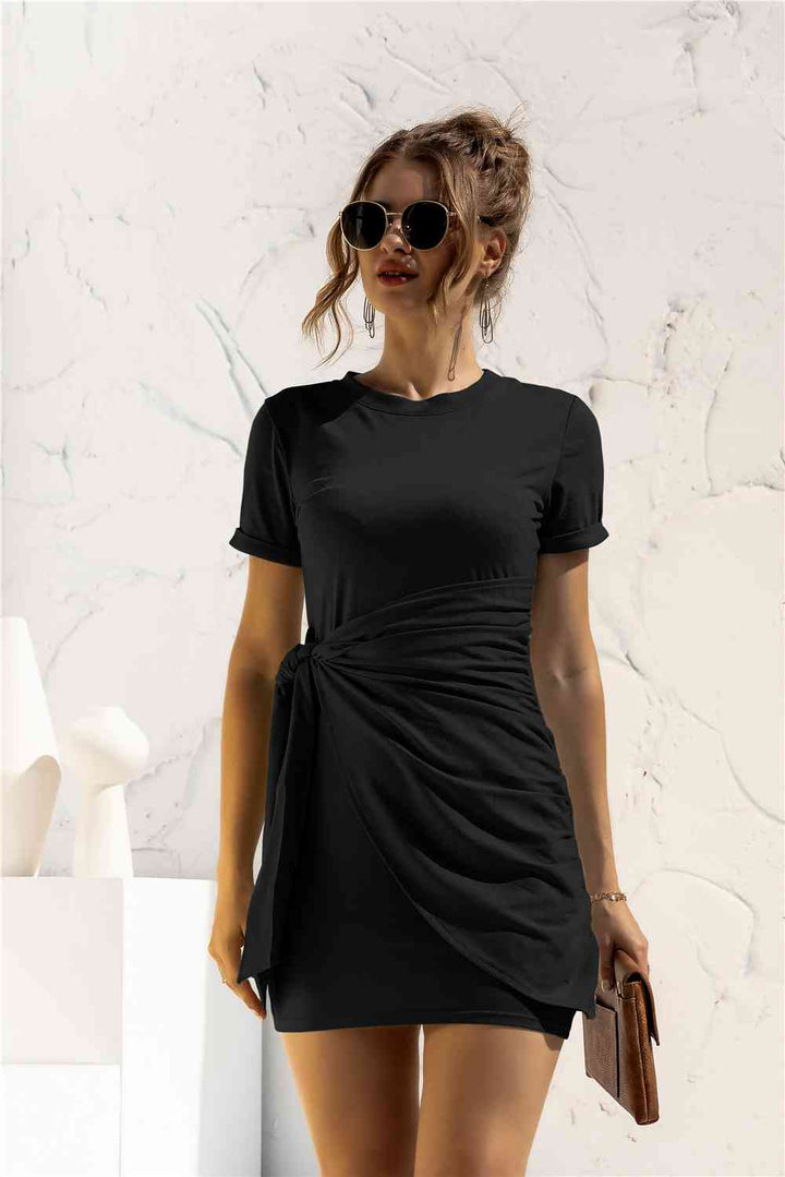 Round Neck Cuffed Sleeve Side Tie Dress |1mrk.com