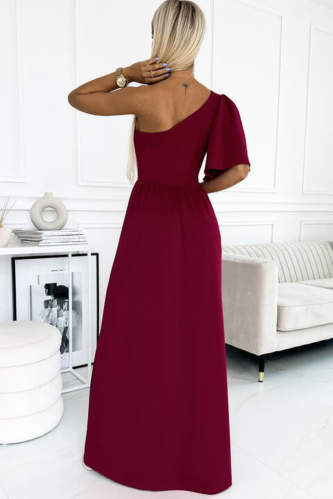 One shoulder Flutter sleeves Slit Dress | 1mrk.com