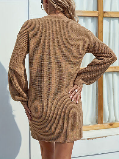 V-Neck Dropped Shoulder Mini Sweater Dress | Trendsi