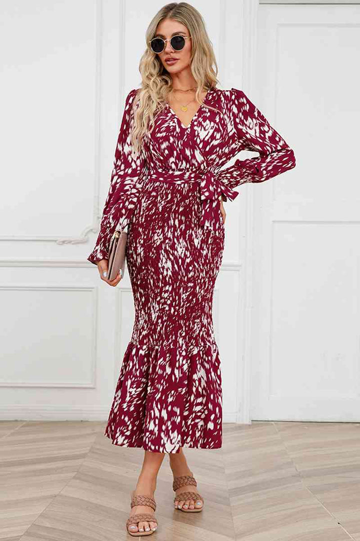 Printed V-Neck Smocked Midi Dress |1mrk.com