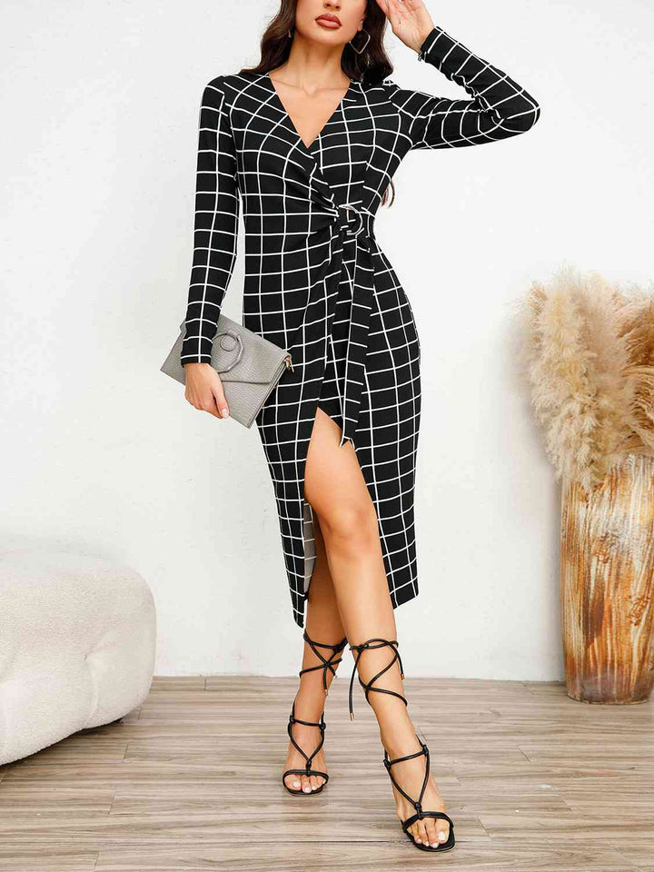 Plaid Long Sleeve Slit Dress |1mrk.com