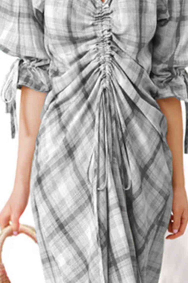 Plus Size Plaid Drawstring Detail Flounce Sleeve Dress |1mrk.com