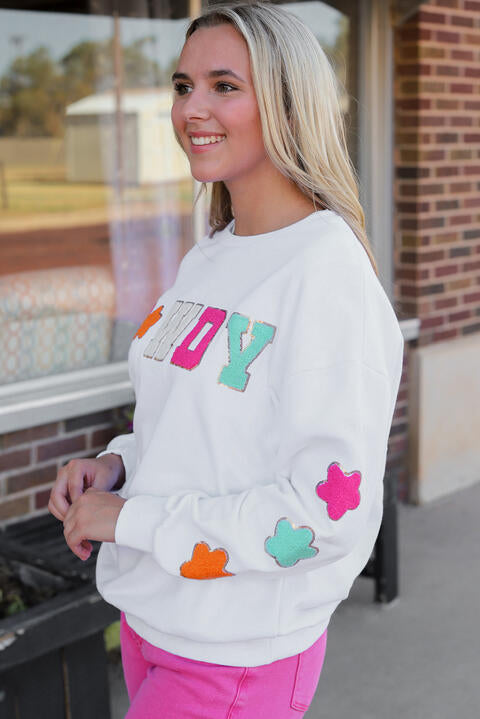 HOWDY Patch Graphic Round Neck Sweatshirt |1mrk.com