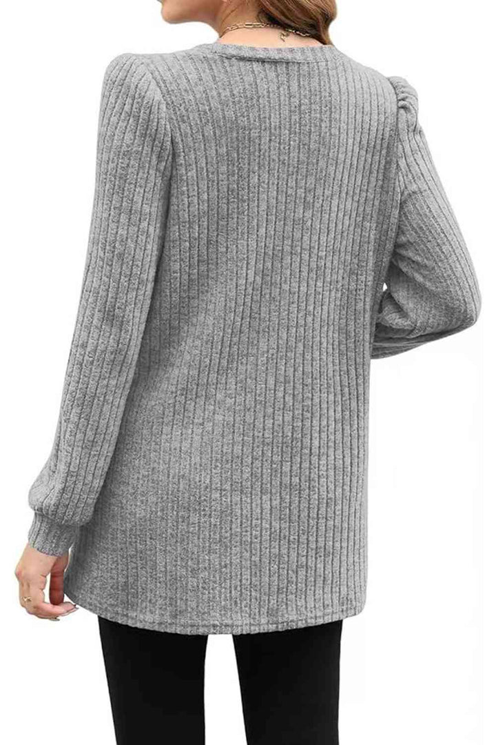 Ribbed Round Neck Long Sleeve T-Shirt | 1mrk.com