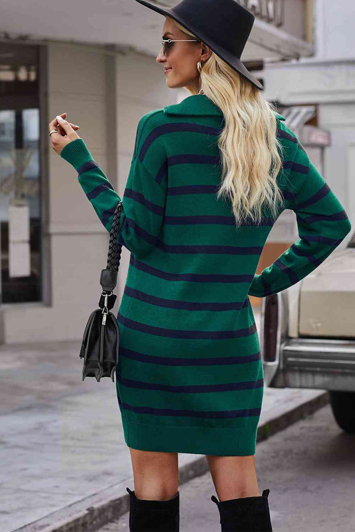 Striped Quarter-Zip Collared Sweater Dress |1mrk.com