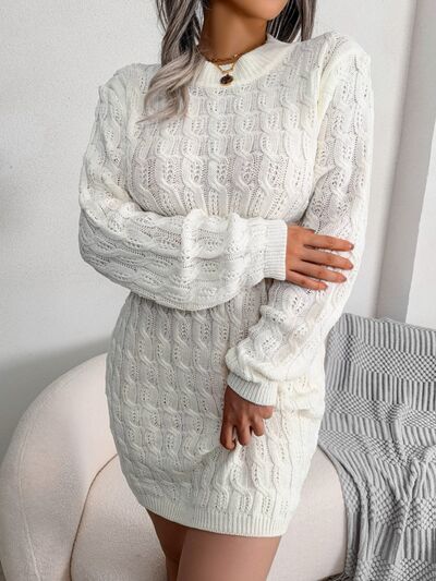 Cable-Knit Round Neck Mini Wrap Sweater Dress |1mrk.com