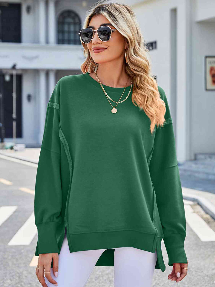 Exposed Seam High-Low Round Neck Sweatshirt |1mrk.com