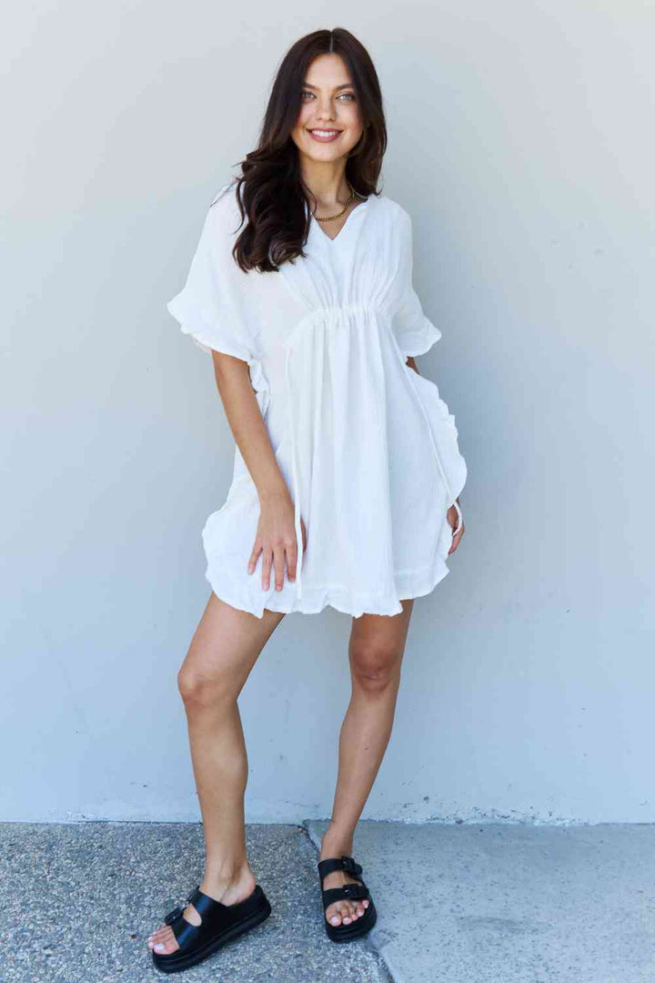 Ninexis Out Of Time Full Size Ruffle Hem Dress with Drawstring Waistband in White | 1mrk.com
