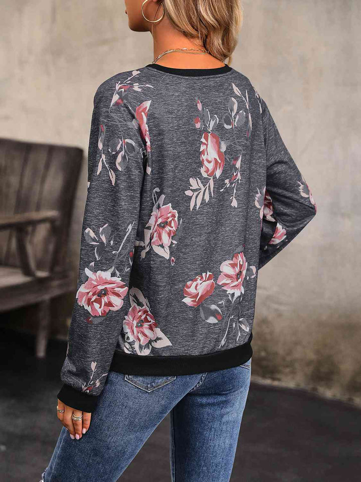 Floral Round Neck Raglan Sleeve Sweatshirt |1mrk.com