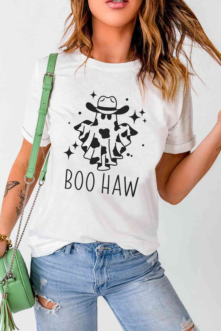 V-Neck Short Sleeve BOO HAW Ghost Graphic T-Shirt | 1mrk.com