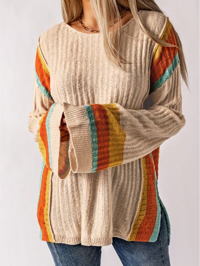 Striped Round Neck Long Sleeve Sweater | Trendsi